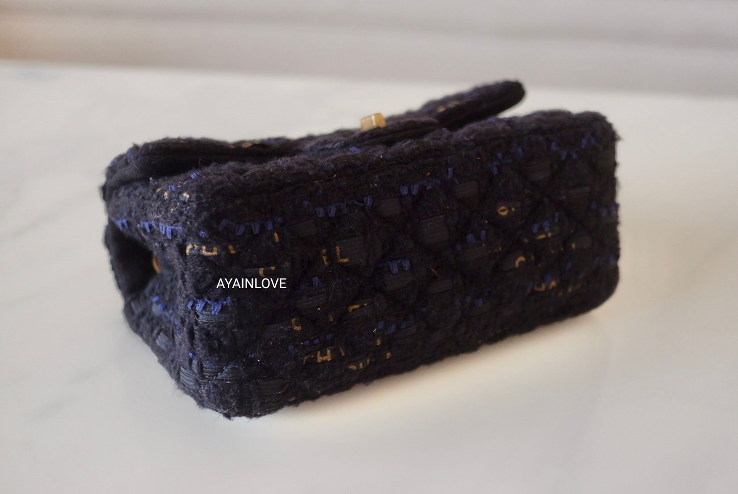 CHANEL 20K Black Navy Ribbon Tweed 2.55 Reissue Mini Gold Hardware