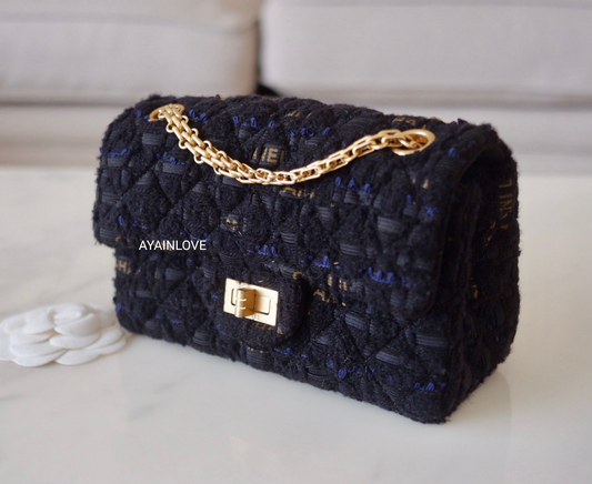 CHANEL 20K Black Navy Ribbon Tweed 2.55 Reissue Mini Gold Hardware