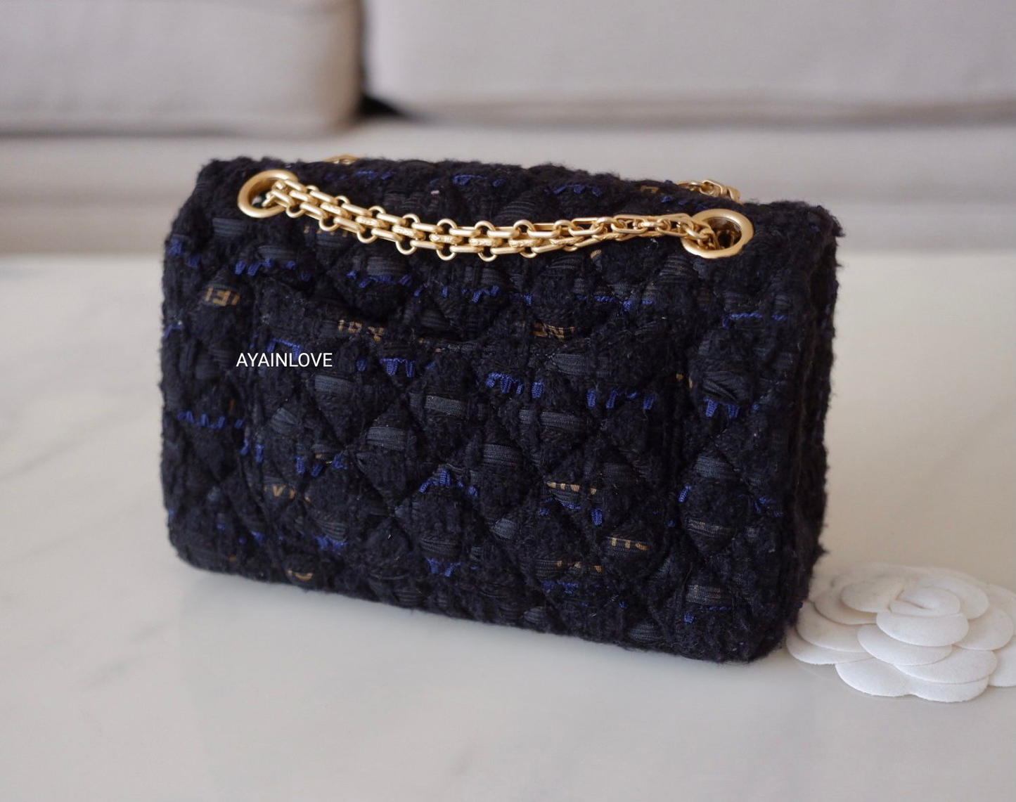 CHANEL 20K Black Navy Ribbon Tweed 2.55 Reissue Mini Gold Hardware