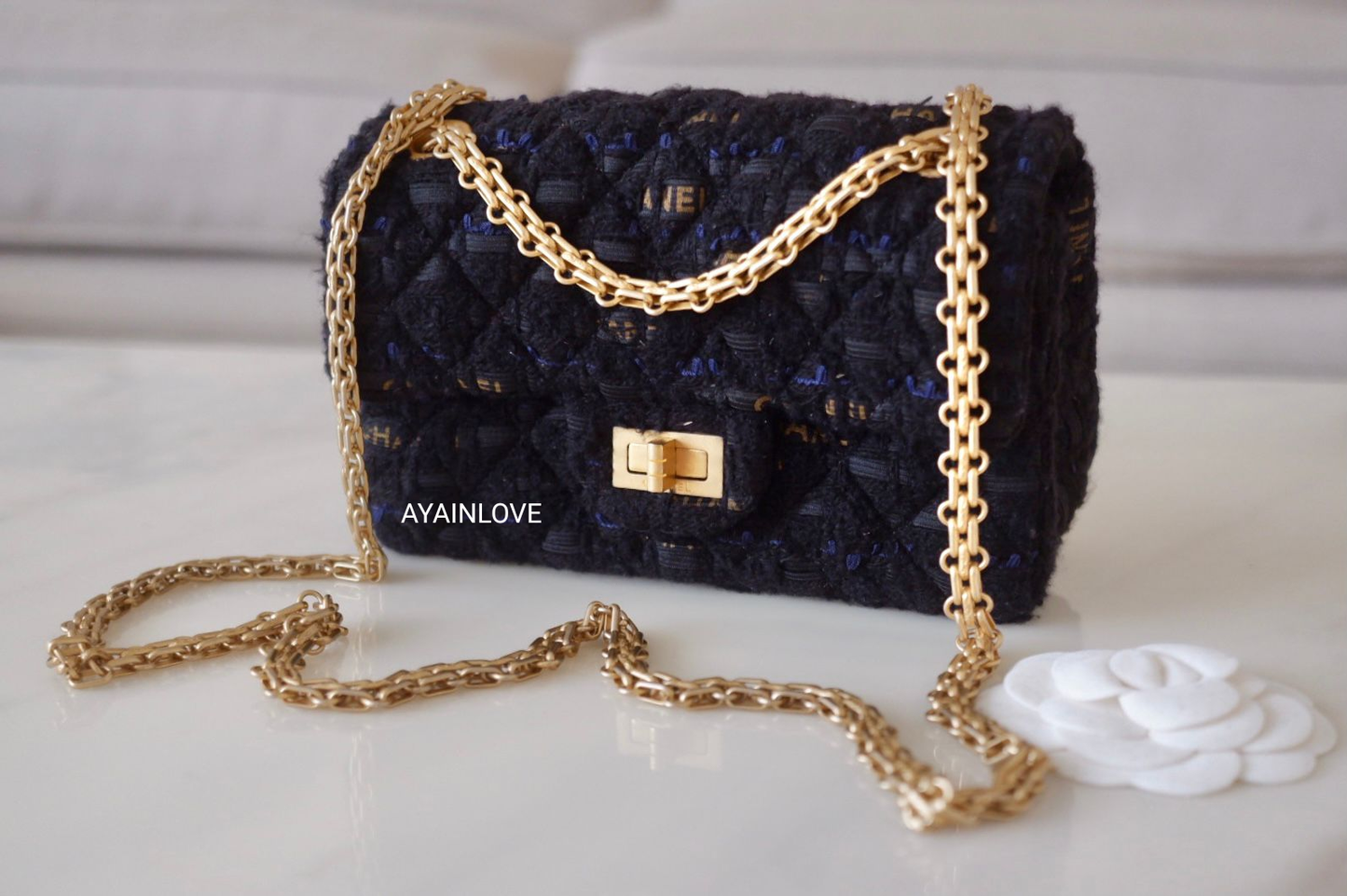 CHANEL 20K Black Navy Ribbon Tweed 2.55 Reissue Mini Gold Hardware