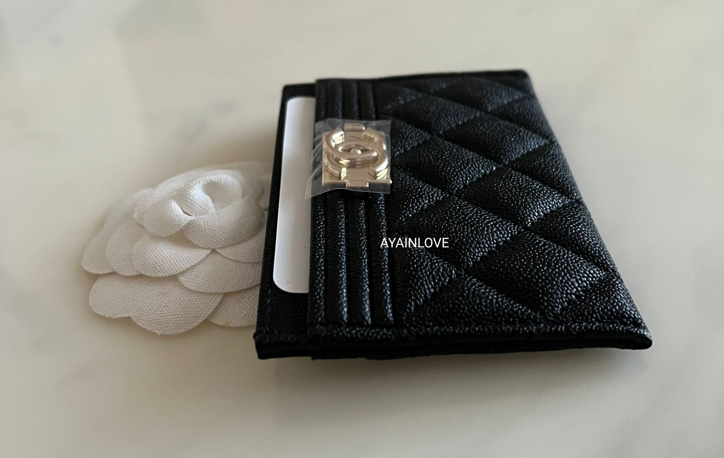 Chanel Boy Black Caviar Flat Card Holder Light Gold Hardware New