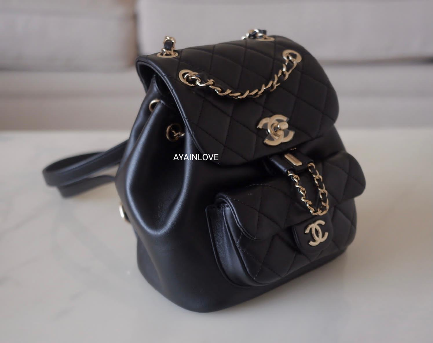 CHANEL 22A Mini Duma Black Lamb Skin Drawstring Backpack Light Gold Hardware*New*