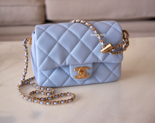 CHANEL 21K Iridescent Light Blue Caviar My Perfect Square Mini Flap Bag Gold Hardware