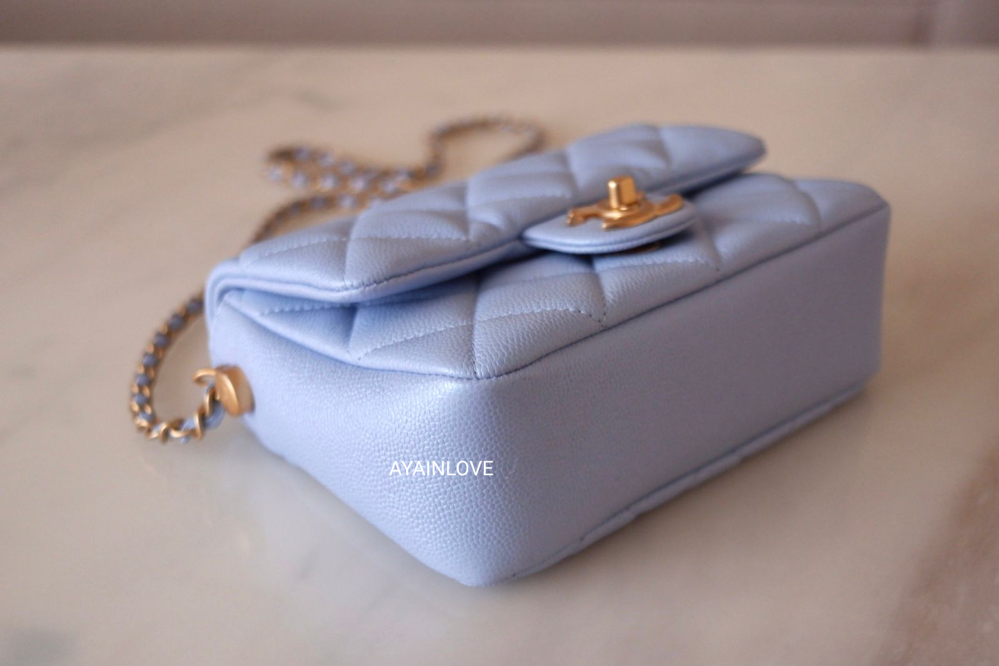 CHANEL 21K Iridescent Light Blue Caviar My Perfect Square Mini Flap Bag Gold Hardware