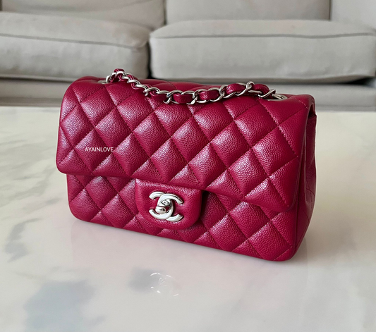 CHANEL 18B Dark Pink Caviar Rectangular Mini Bag Silver Hardware