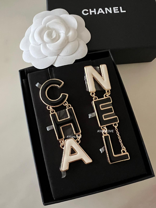 CHANEL 22A CHA NEL Black White Statement Earrings Light Gold Hardware