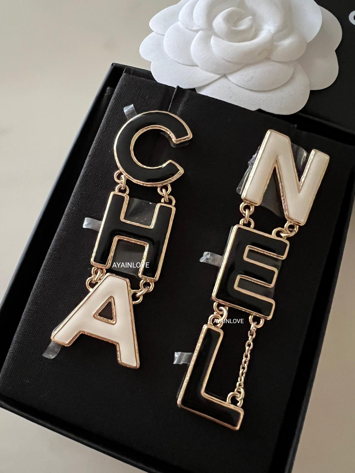 CHANEL 22A CHA NEL Black White Statement Earrings Light Gold Hardware