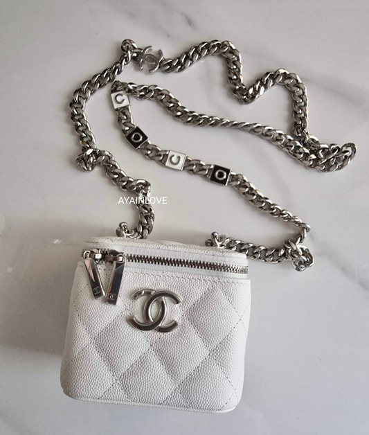 CHANEL 22S White Caviar Cube Vanity Coco Chain Silver Hardware