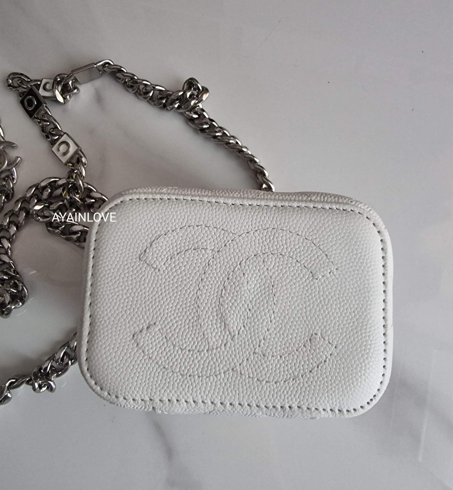 CHANEL 22S White Caviar Cube Vanity Coco Chain Silver Hardware