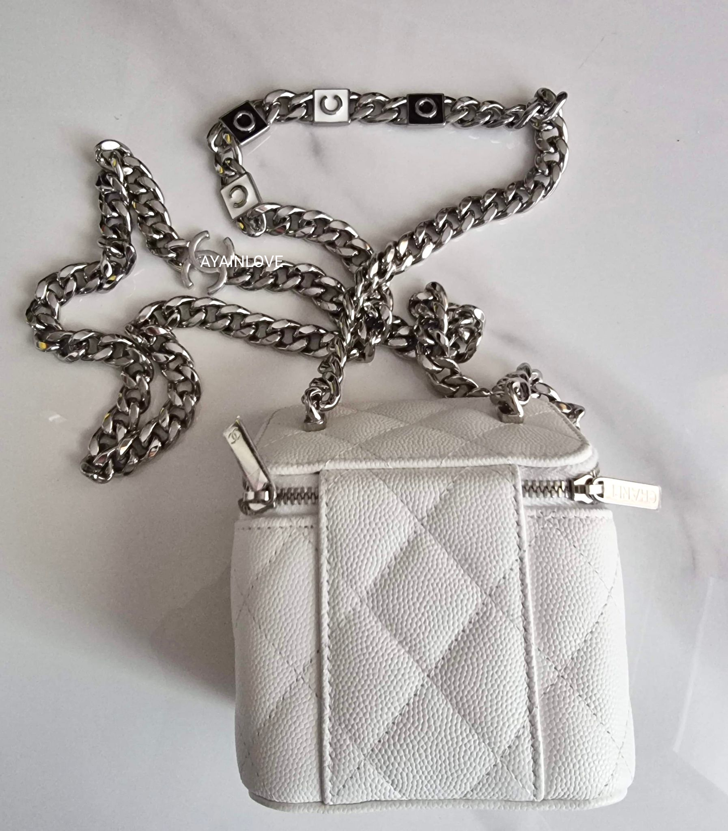 CHANEL 22S White Caviar Cube Vanity Coco Chain Silver Hardware