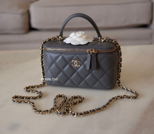 CHANEL 22A Dark Grey Lamb Skin Top Handle Vanity Light Gold Hardware