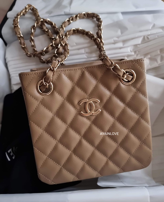 CHANEL 22A Dark Beige Caviar Mini Bucket Bag Light Gold Hardware