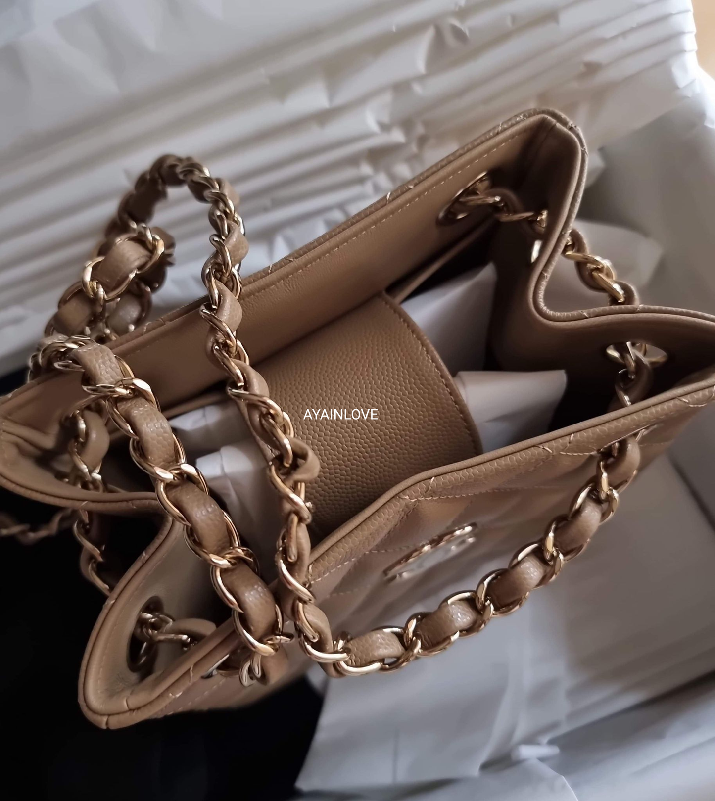 CHANEL 22A Dark Beige Caviar Mini Bucket Bag Light Gold Hardware