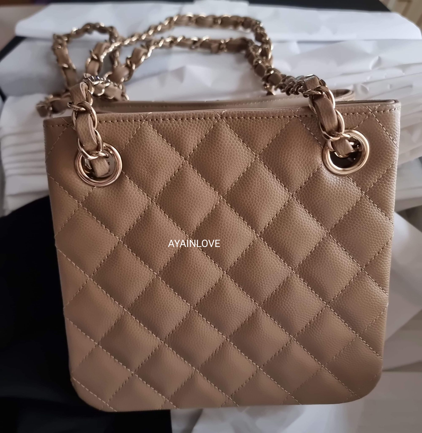 CHANEL 22A Dark Beige Caviar Mini Bucket Bag Light Gold Hardware