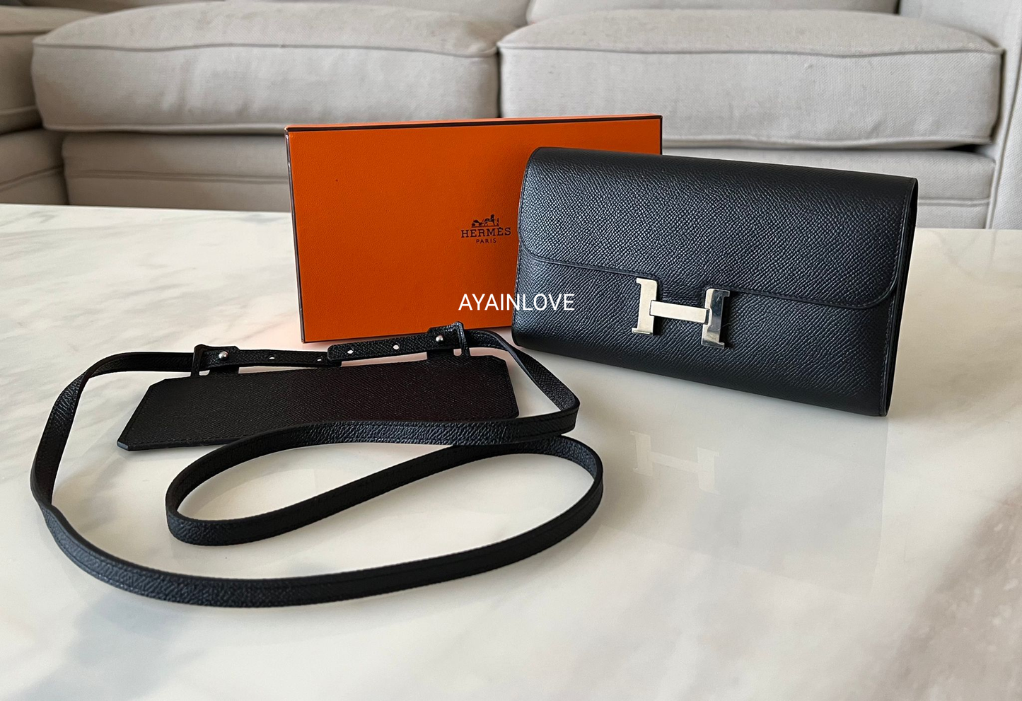 HERMES Constance Noir Black Long Flap Wallet Palladium Hardware