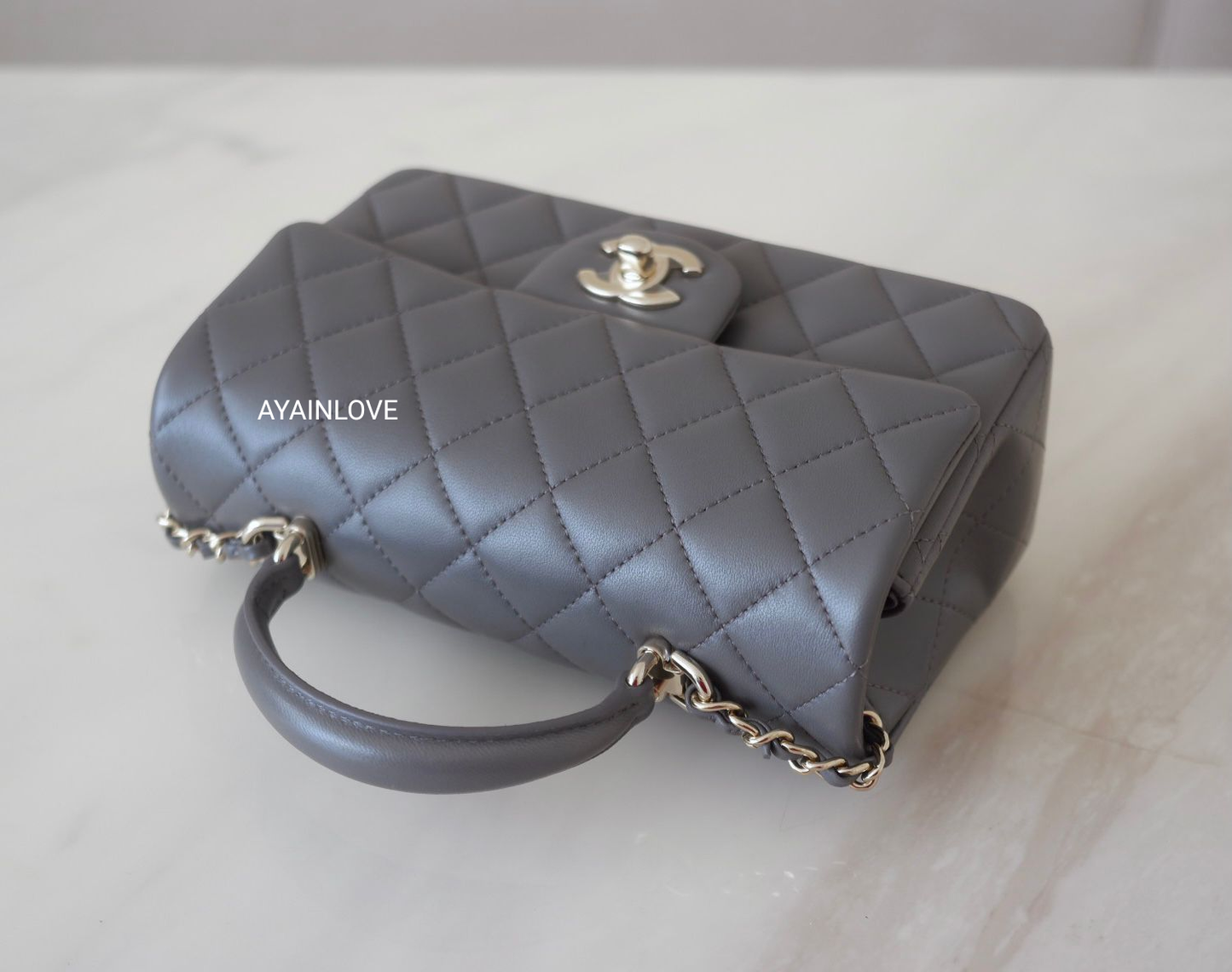 CHANEL 22A Grey Lambskin Top Handle Rectangle Mini Light Gold Hardware