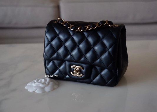 Chanel Classic Black Mini Lamb Skin Square Light Gold Hardware