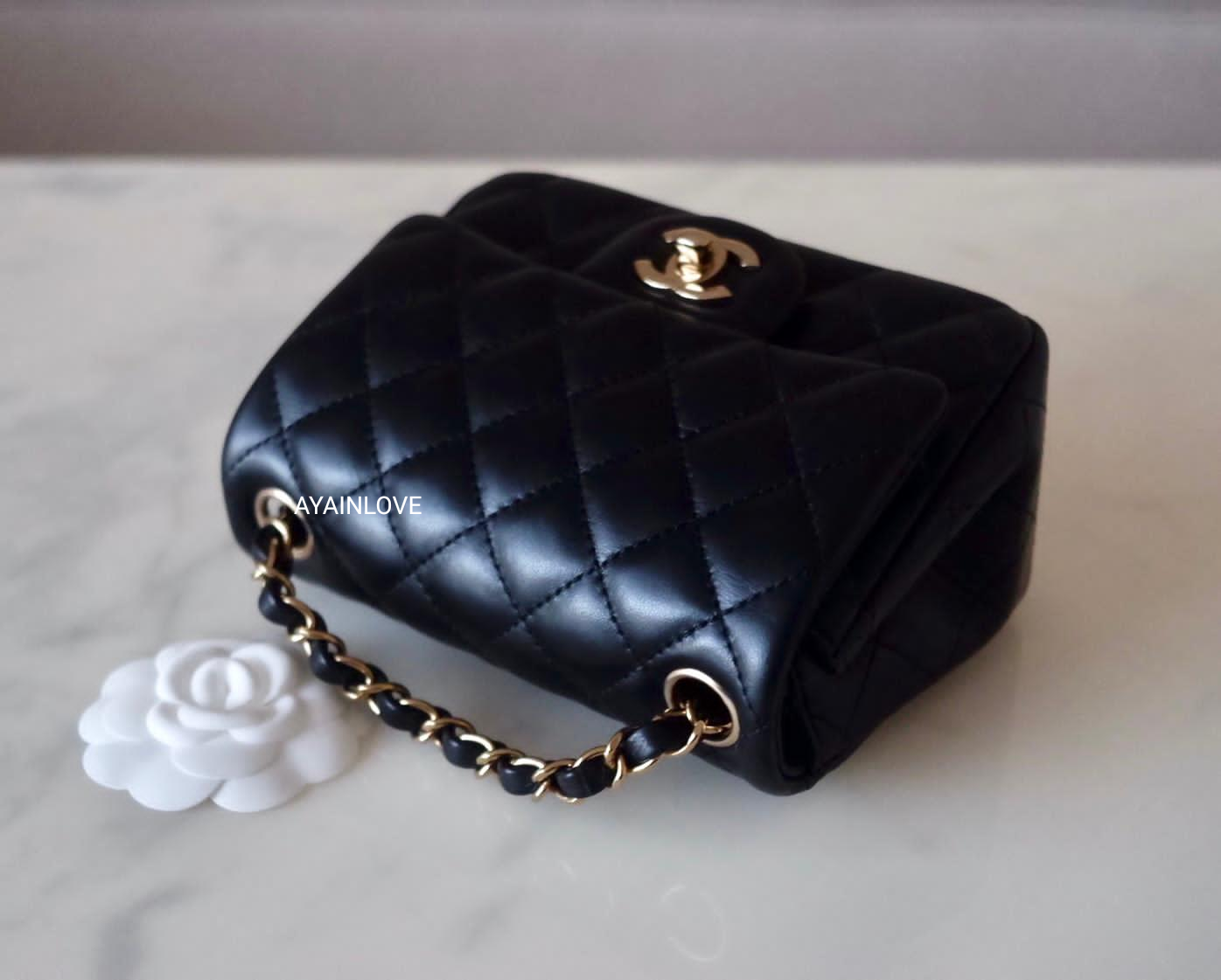 Chanel Classic Black Mini Lamb Skin Square Light Gold Hardware