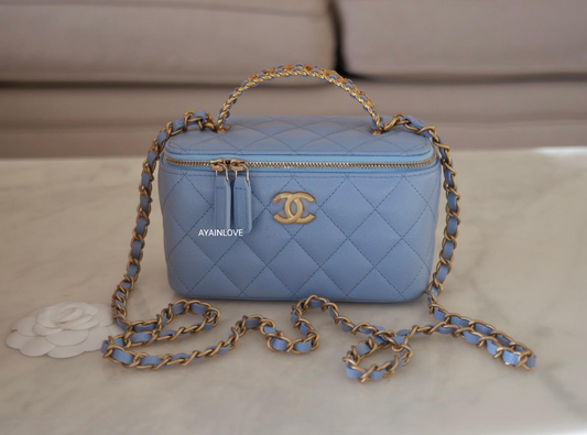 CHANEL 22S Pick Me Up Blue Caviar Top Handle Script Vanity Gold Hardware