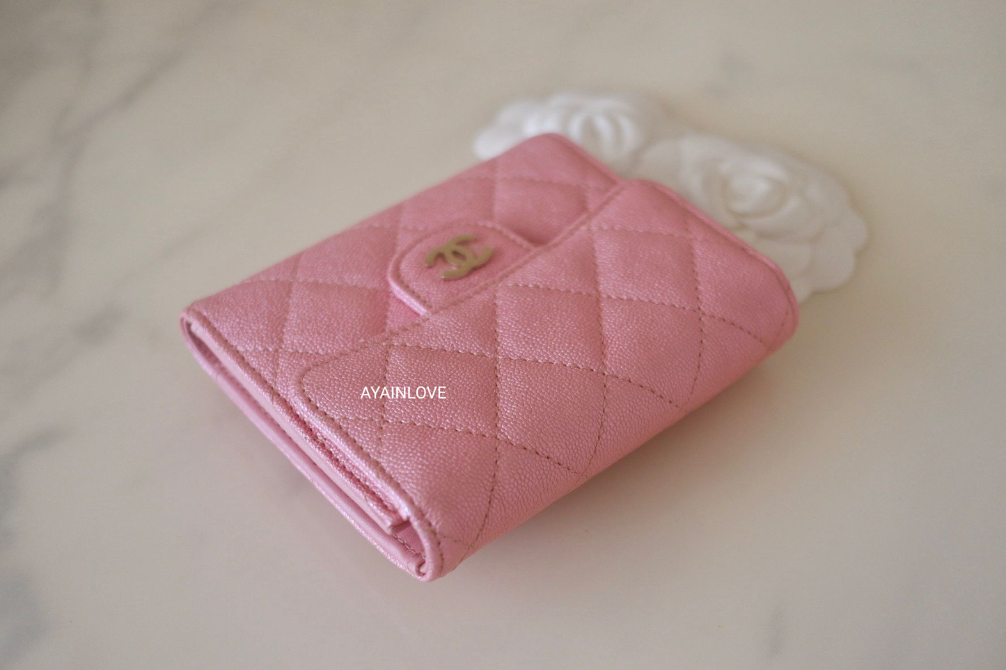 CHANEL 19S Iridescent Pink Caviar Trifold Wallet Light Gold Hardware *New*