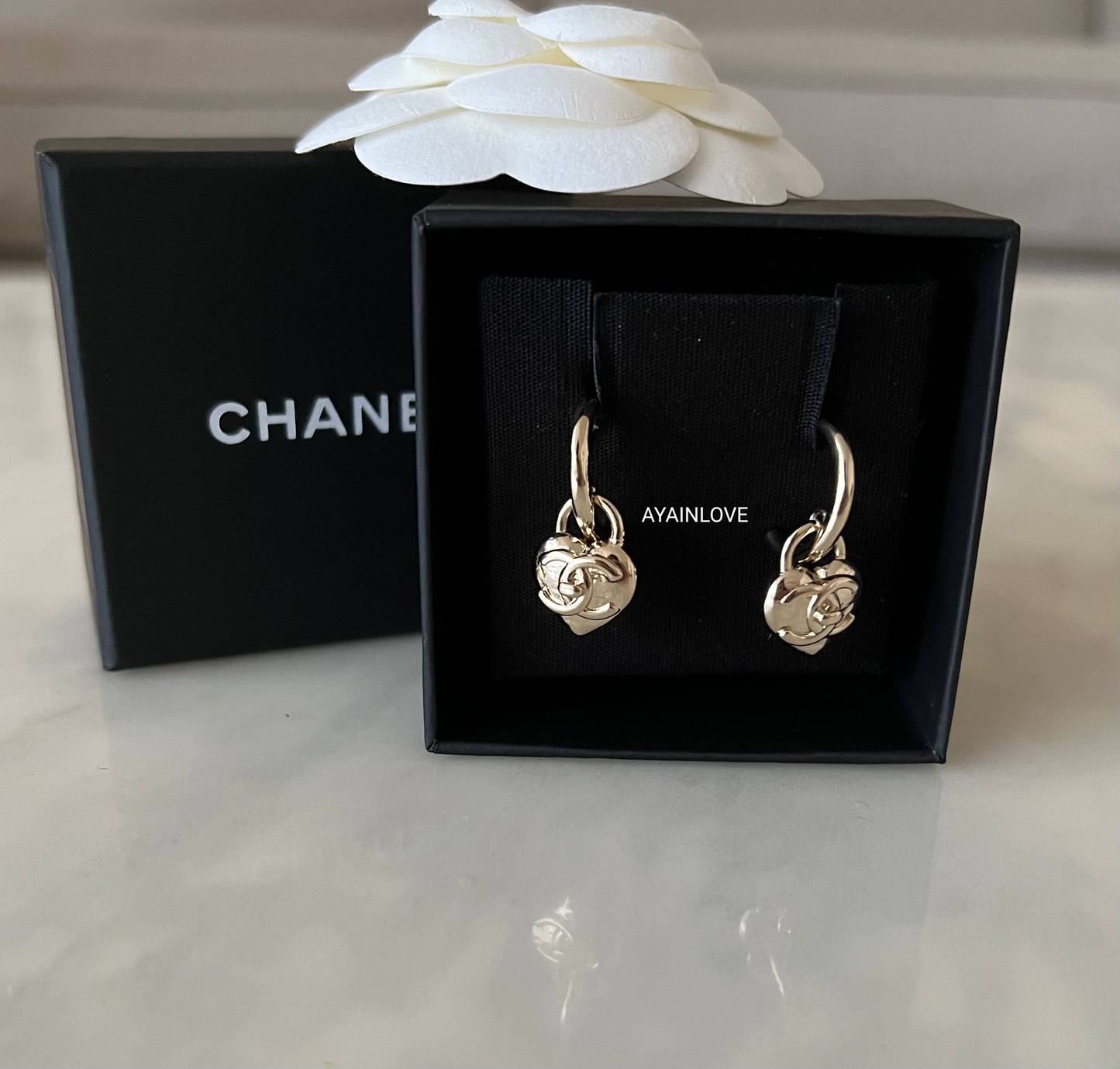 CHANEL 22B Heart Small Hoop Earrings Light Gold Hardware