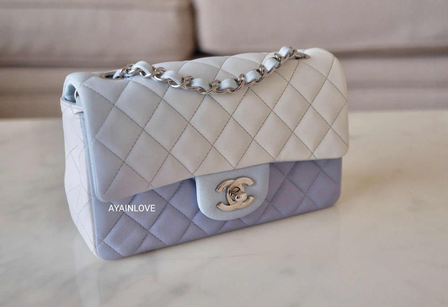 CHANEL 21K Iridescent Blue Ombre Multicolour Lamb Skin Rectangular Mini Silver Hardware