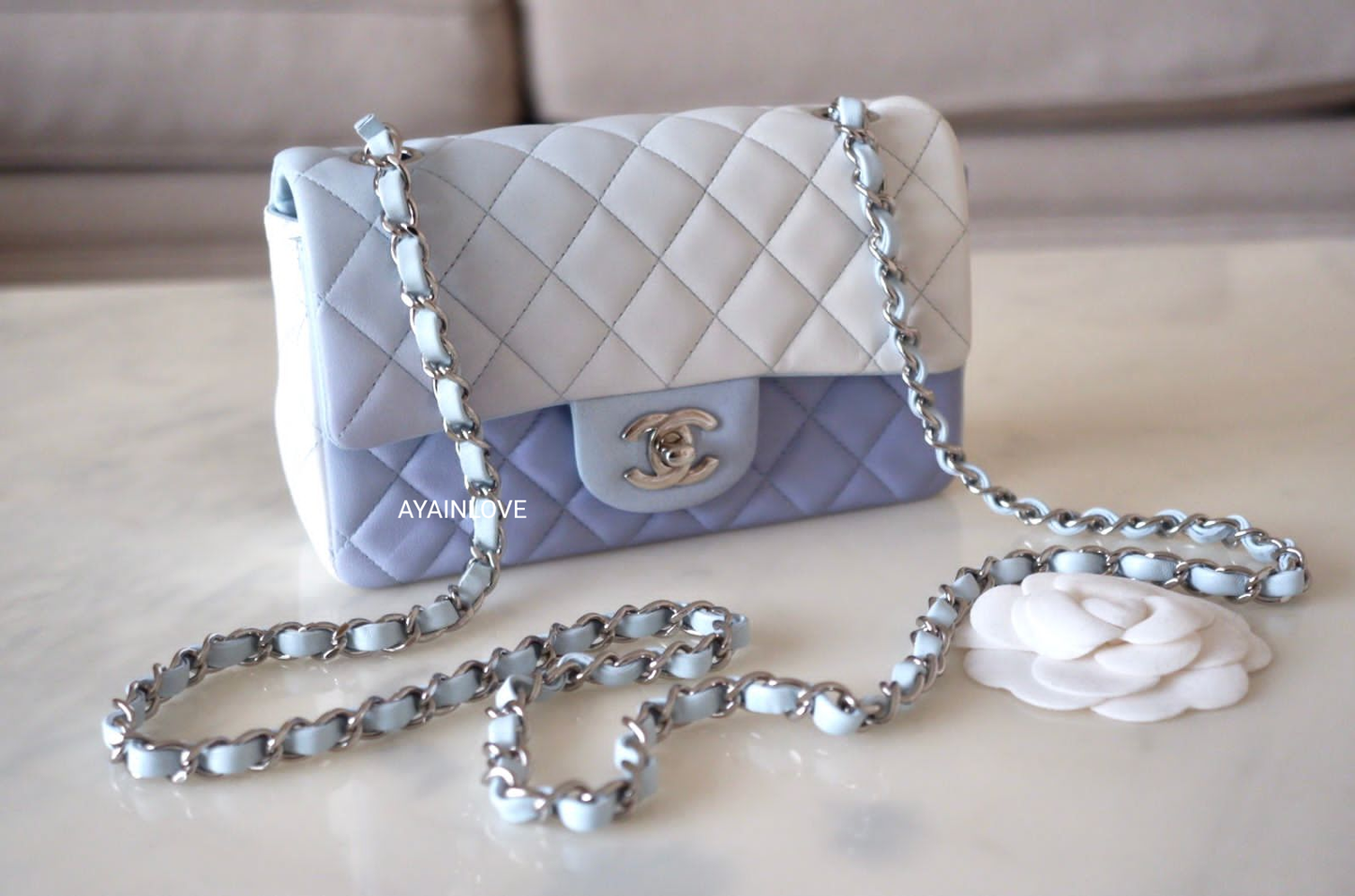 CHANEL 21K Iridescent Blue Ombre Multicolour Lamb Skin Rectangular Mini Silver Hardware