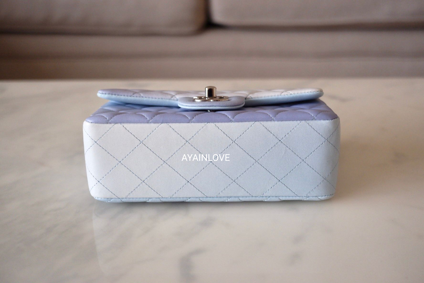 CHANEL 21K Iridescent Blue Ombre Multicolour Lamb Skin Rectangular Mini Silver Hardware