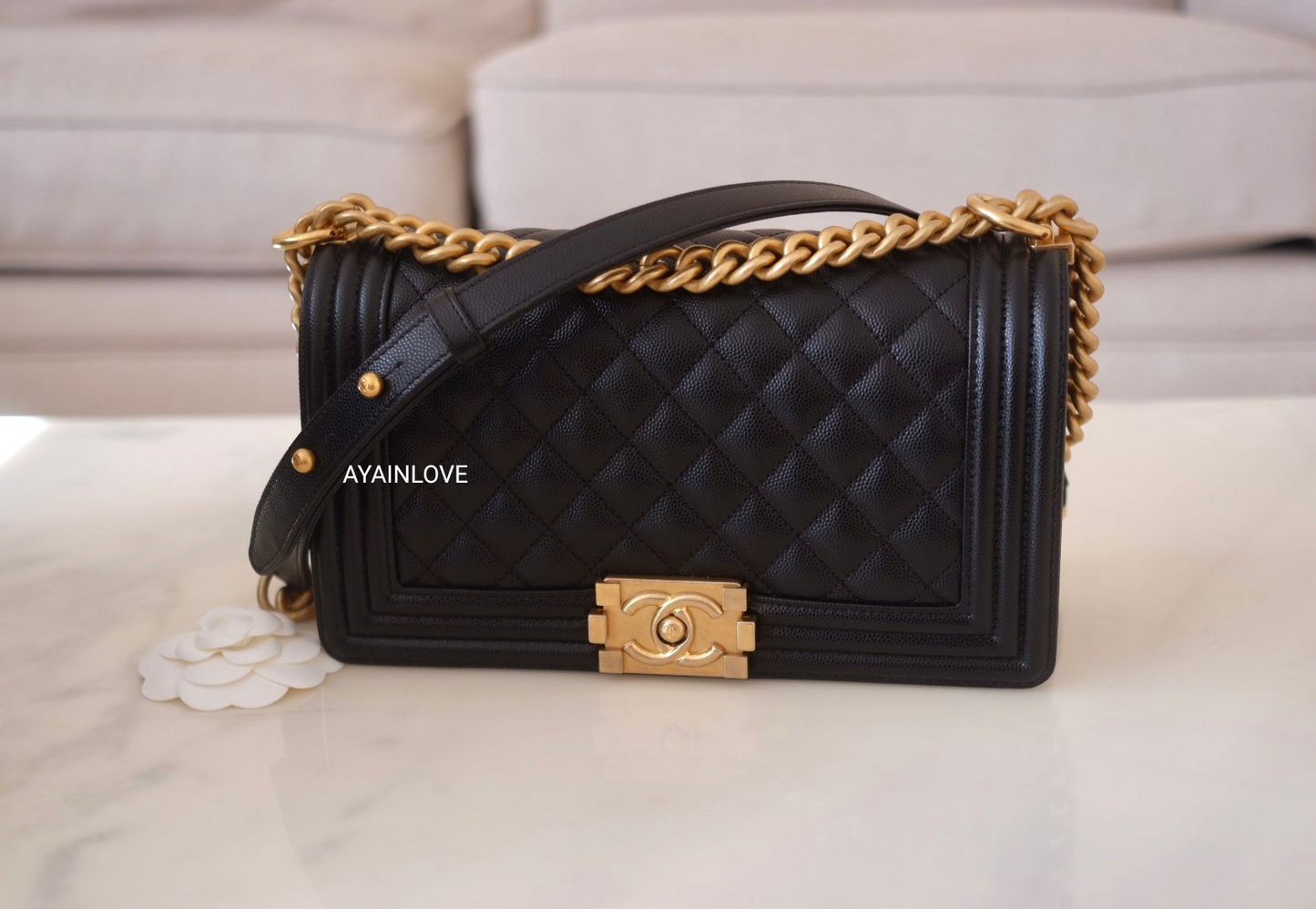 CLASSIC BLACK CAVIAR MEDIUM  BOY FLAP BAG GOLD  HARDWARE NEW