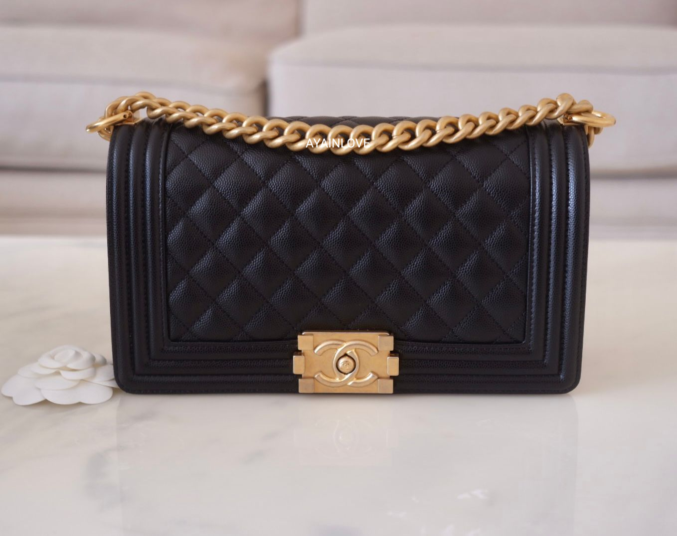 CLASSIC BLACK CAVIAR MEDIUM  BOY FLAP BAG GOLD  HARDWARE NEW