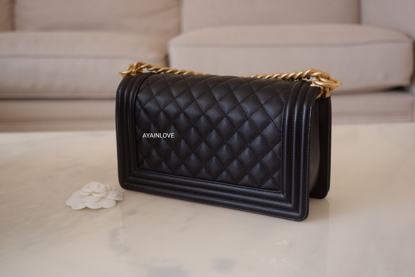 CLASSIC BLACK CAVIAR MEDIUM  BOY FLAP BAG GOLD  HARDWARE NEW