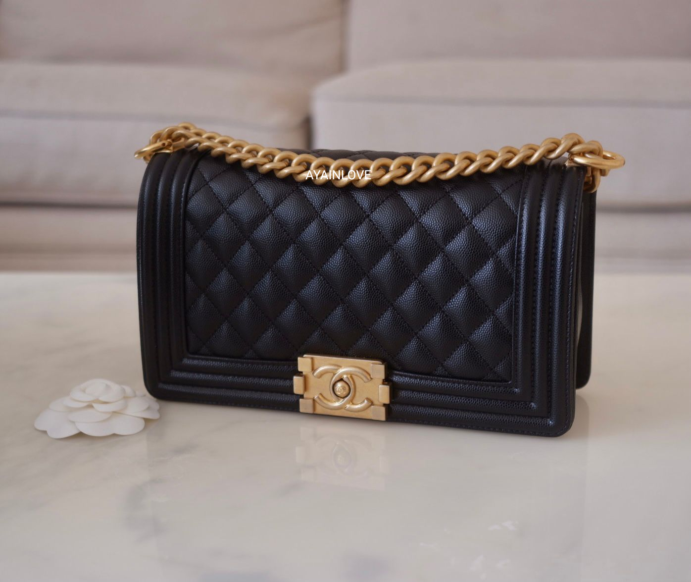 CLASSIC BLACK CAVIAR MEDIUM  BOY FLAP BAG GOLD  HARDWARE NEW