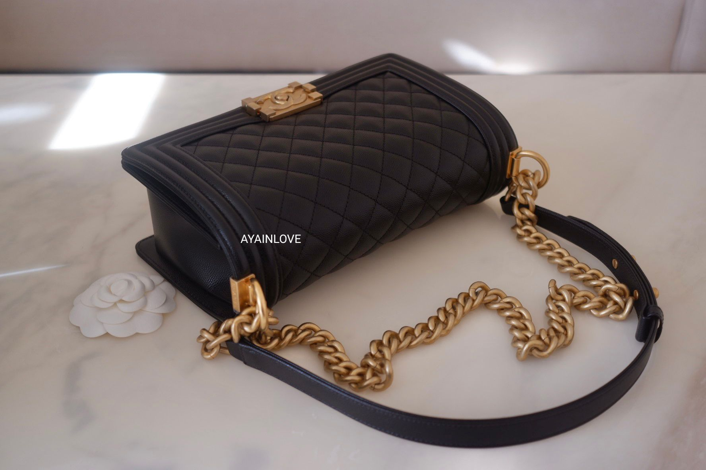 CLASSIC BLACK CAVIAR MEDIUM  BOY FLAP BAG GOLD  HARDWARE NEW