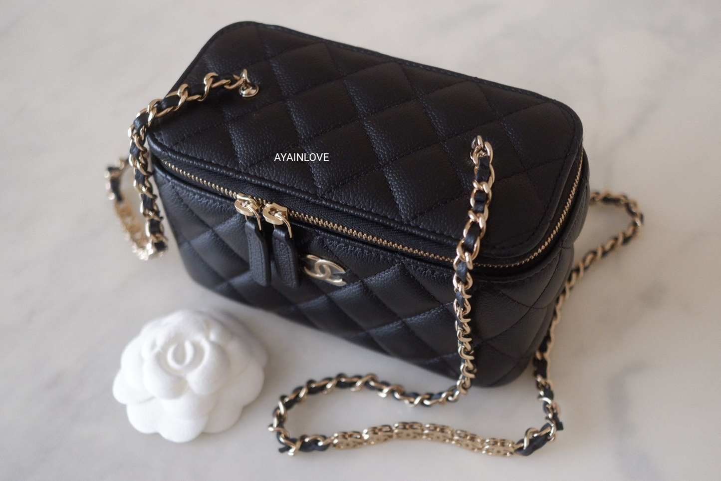 CHANEL 22P Black Caviar Rectangular Vanity on Chain CC Strap Light Gold Hardware