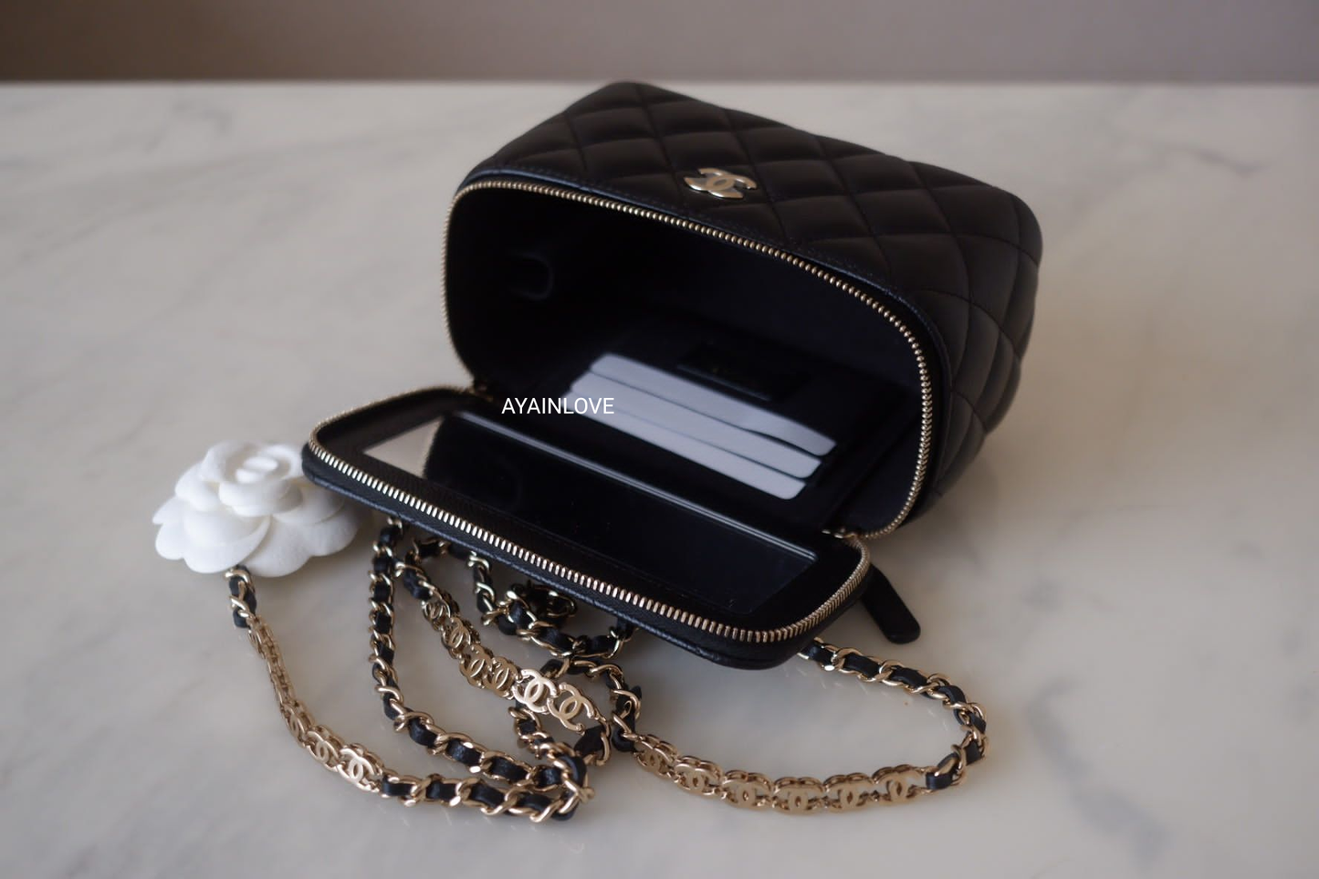 CHANEL 22P Black Caviar Rectangular Vanity on Chain CC Strap Light Gold Hardware