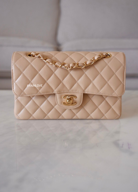 CHANEL Beige Clair Caviar Small Classic Flap Bag Gold Hardware *New*