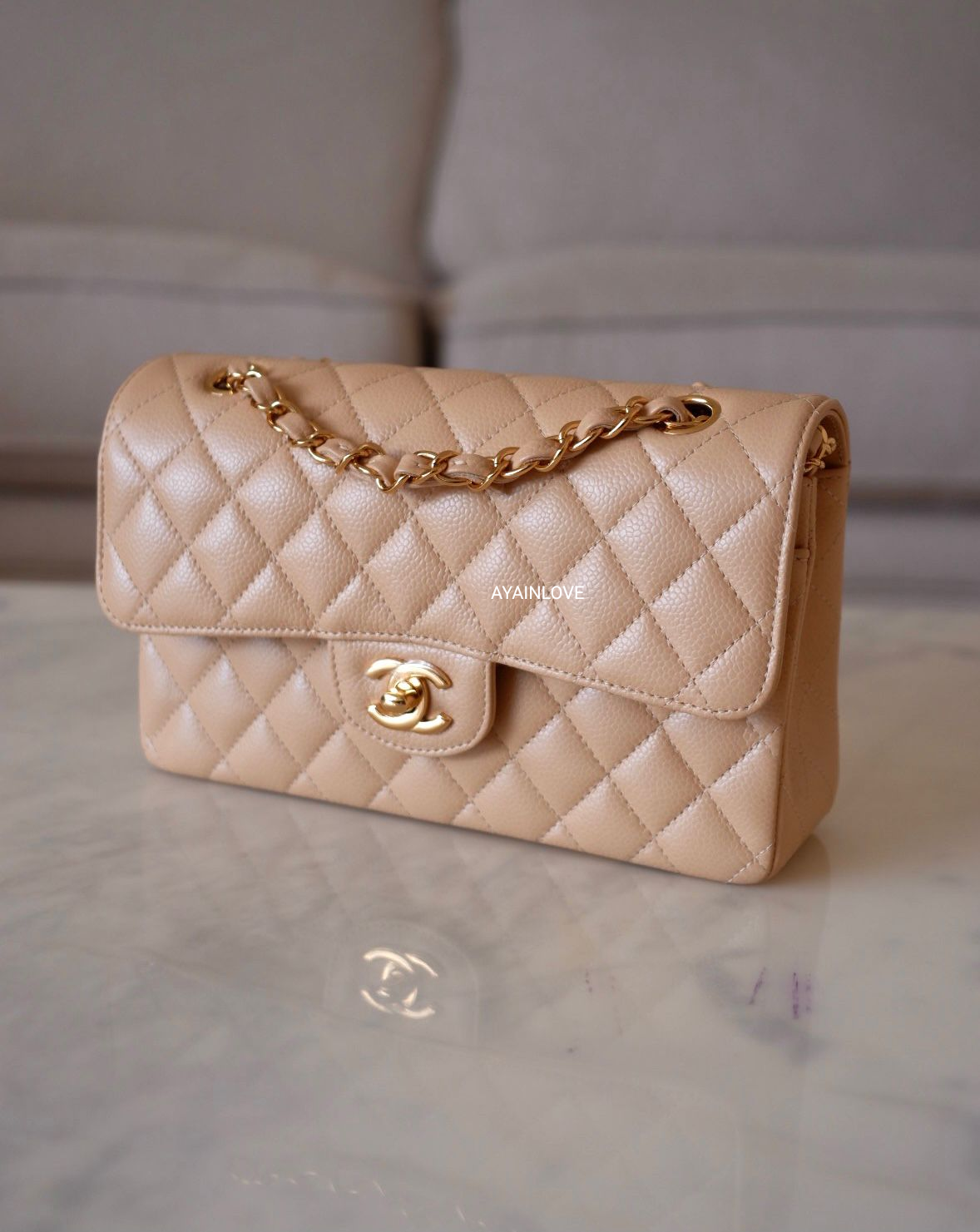 Chanel Classic Double Flap Quilted Medium Beige Clair in Lambskin with  Silver Tone  GB