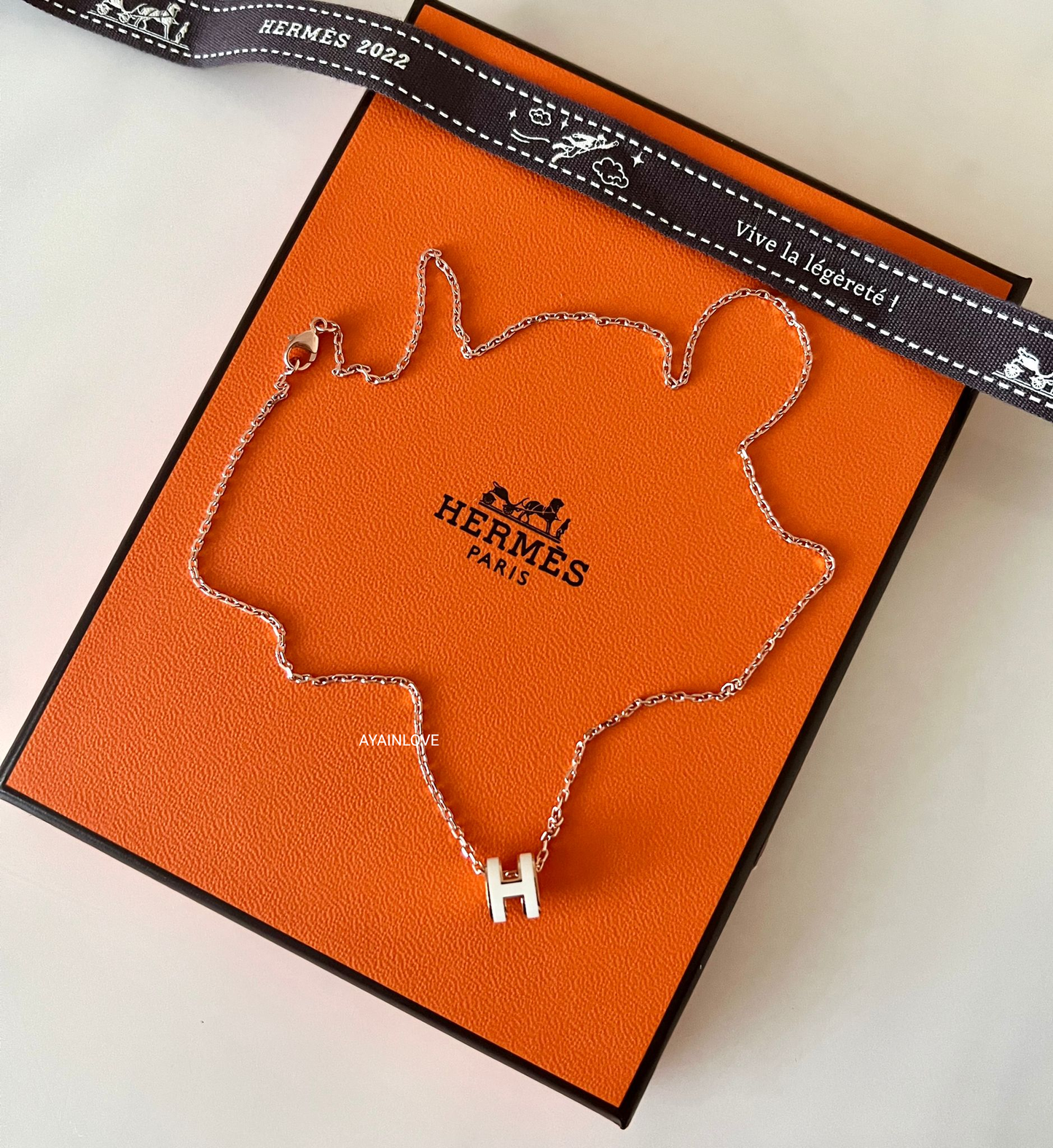 HERMES H Pop Mini Blanc Necklace Rose Gold Hardware