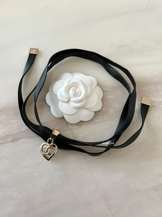 CHANEL 22P Heart Black Leather Choker Necklace Light Gold Hardware