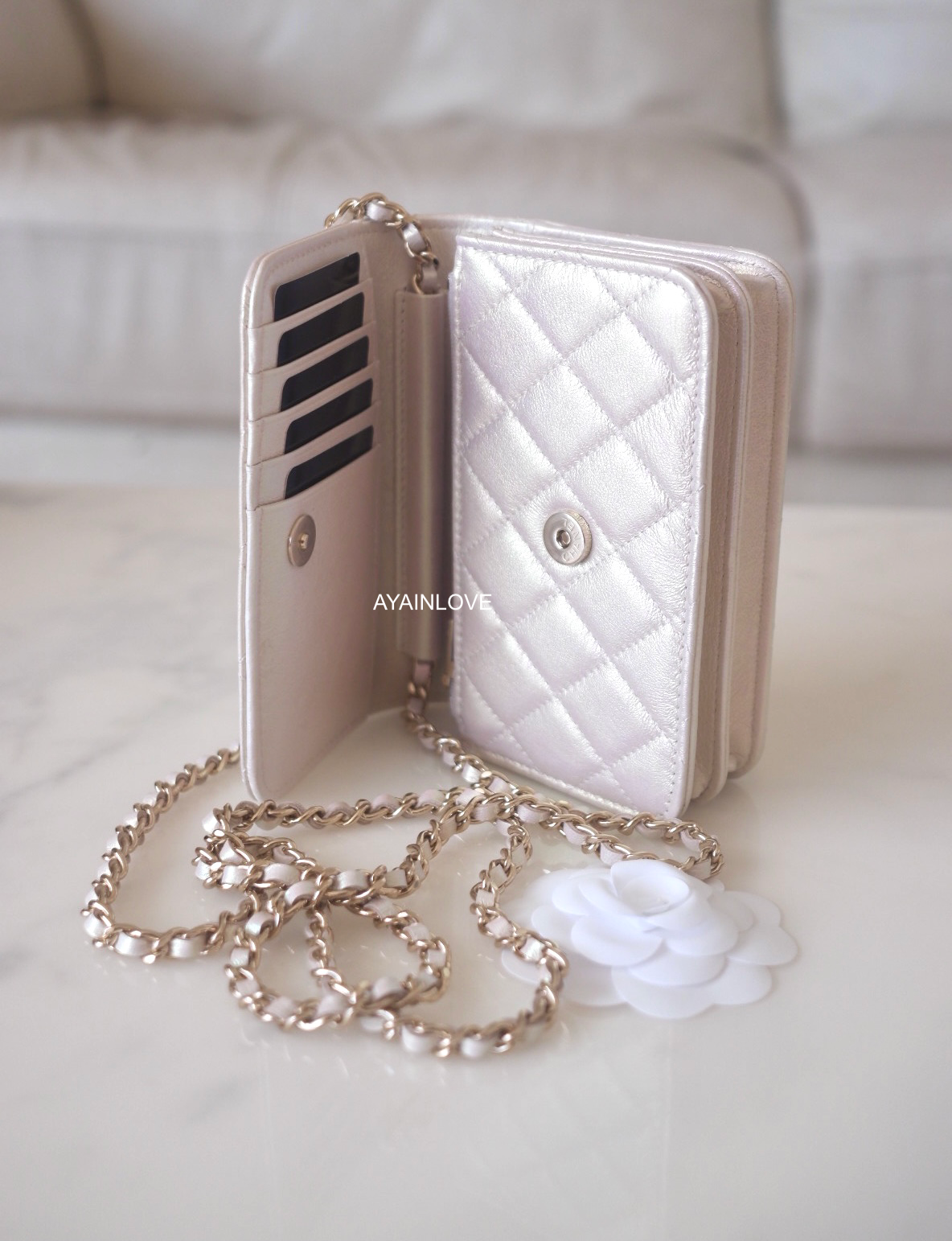 20B IRIDESCENT IVORY LAMBSKIN MINI WALLET ON CHAIN LIGHT GOLD HARDWARE