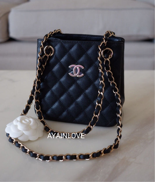 CHANEL 22S Black Caviar Mini Bucket Bag Light Gold Hardware