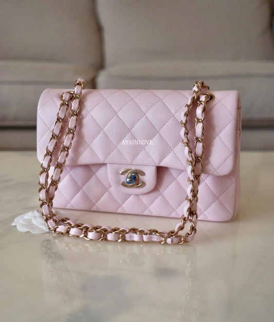 CHANEL 22S ROSE CLAIR LIGHT PINK CAVIAR SMALL CLASSIC FLAP LIGHT GOLD HARDWARE *NEW*