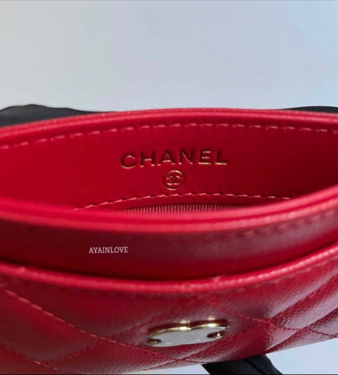 CHANEL 22P Red Caviar Flat Card Holder Light Gold Hardware