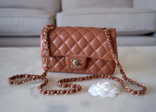 CHANEL 22S Caramel Brown Lamb Skin Rectangle Mini Light Gold Hardware *NEW*