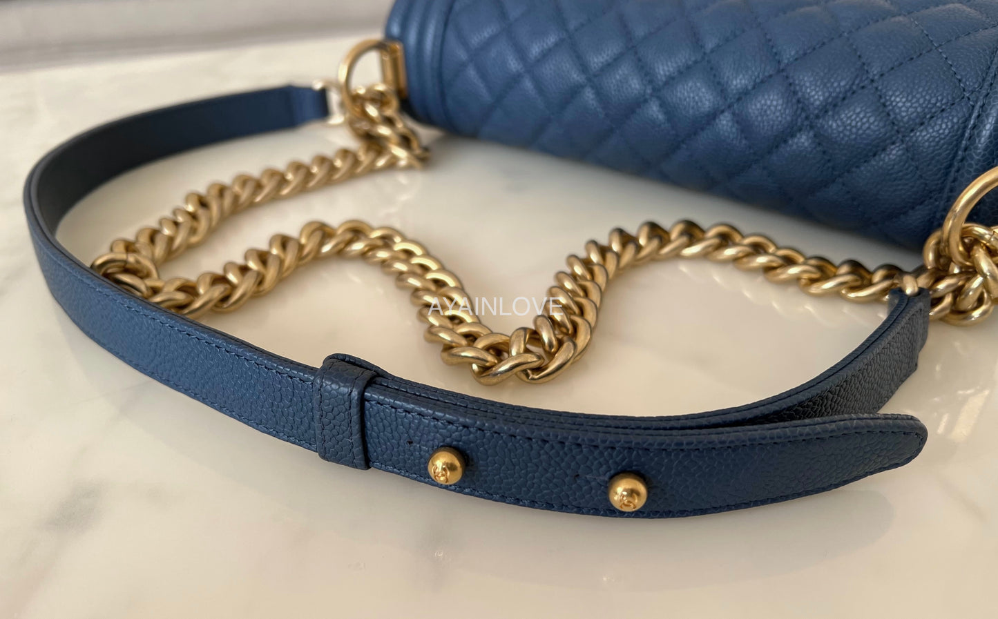 CHANEL Navy Blue Caviar Old Medium Boy Flap Bag Brushed Gold Hardware