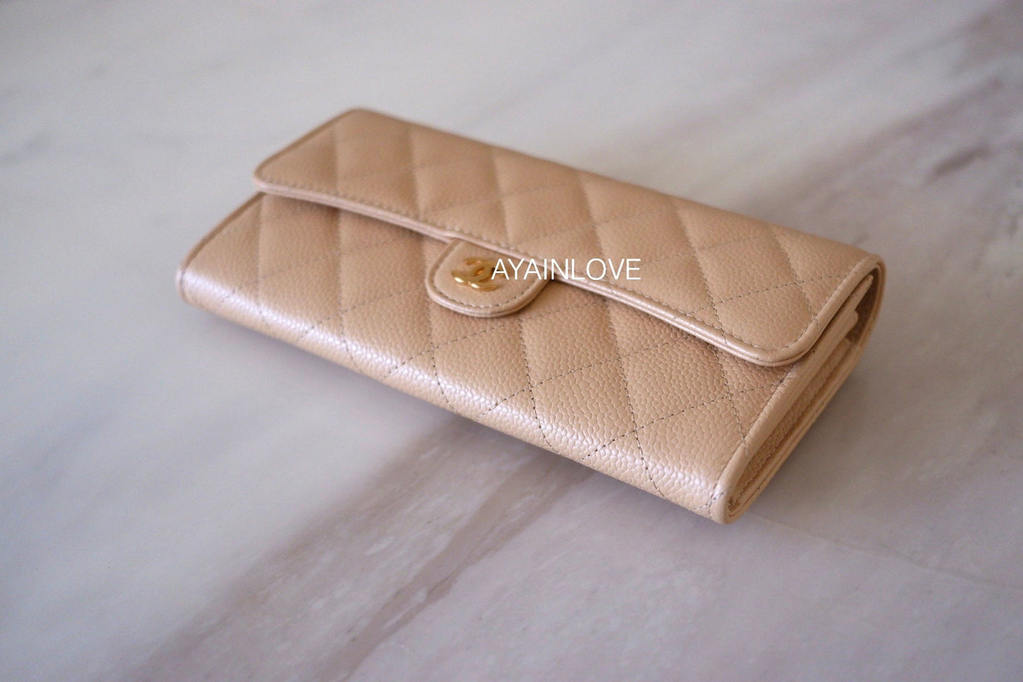 CHANEL Beige Clair Caviar Long Clutch Flap Wallet Gold Hardware