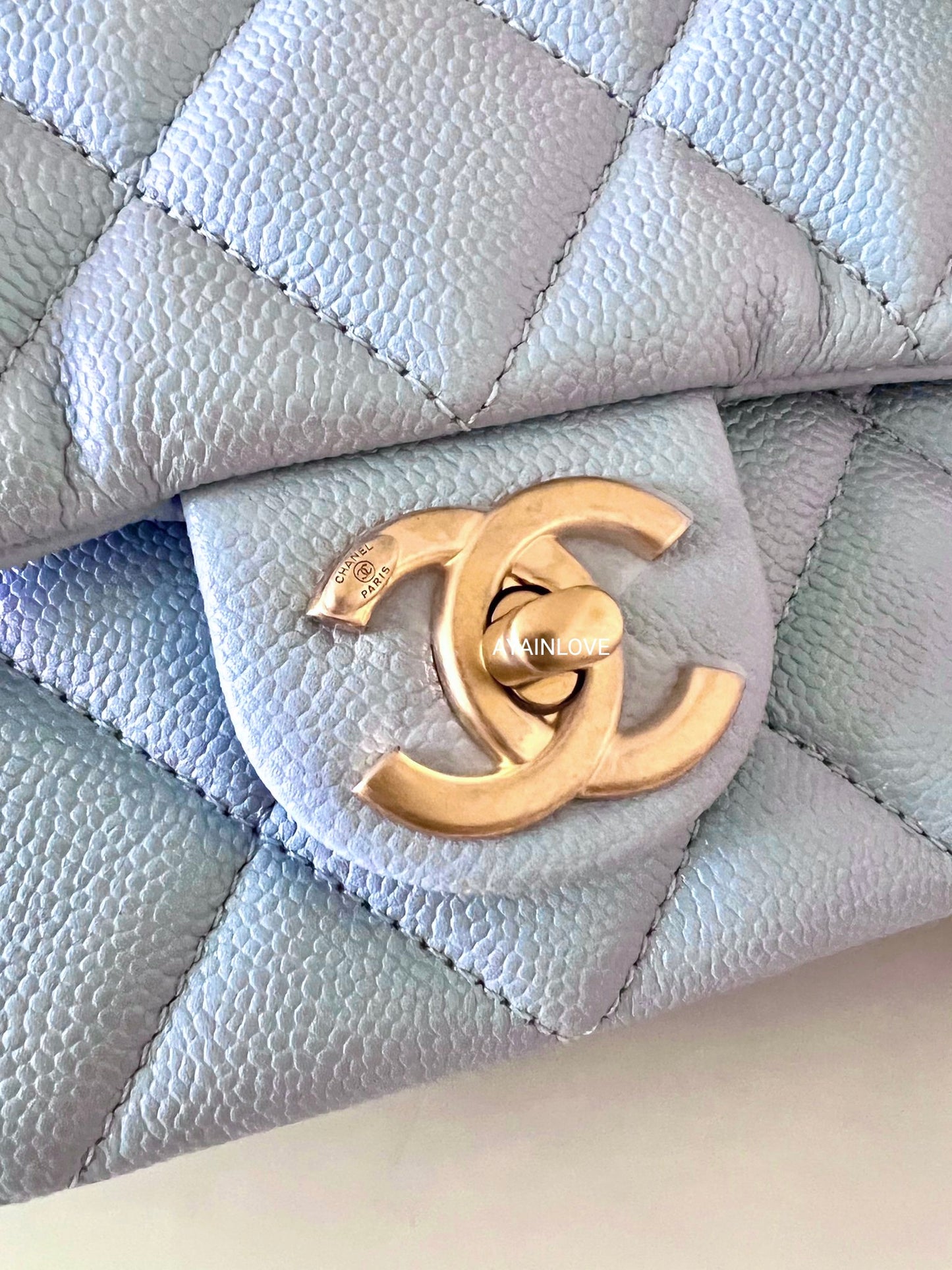 CHANEL 21K Iridescent Light Blue Caviar My Perfect Square Mini Flap Bag Gold Hardware