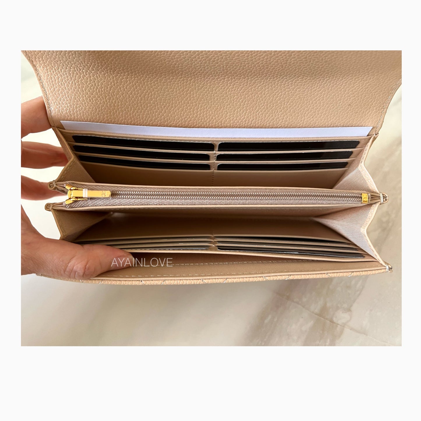 CHANEL Beige Clair Caviar Long Clutch Flap Wallet Gold Hardware