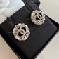 CHANEL 22S White Leather Chain Round CC Crystal Stud Earrings Light Gold Hardware