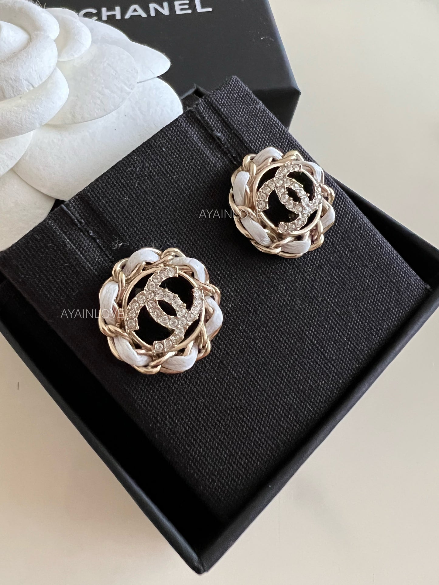 CHANEL 22S White Leather Chain Round CC Crystal Stud Earrings Light Gold Hardware